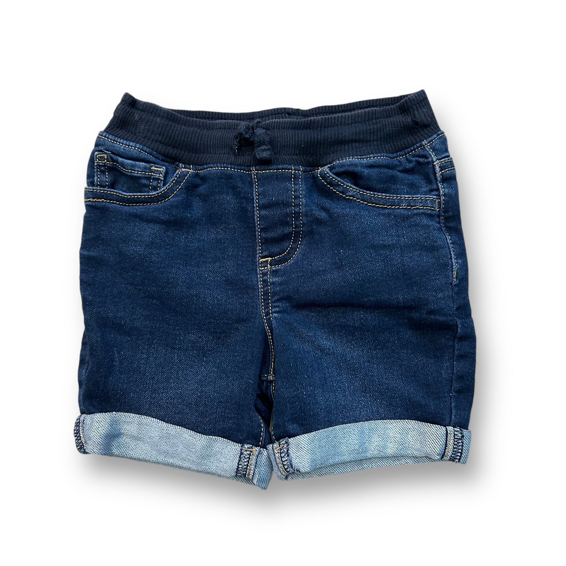 A pair of blue denim elastic waist cuffed shorts for boys.