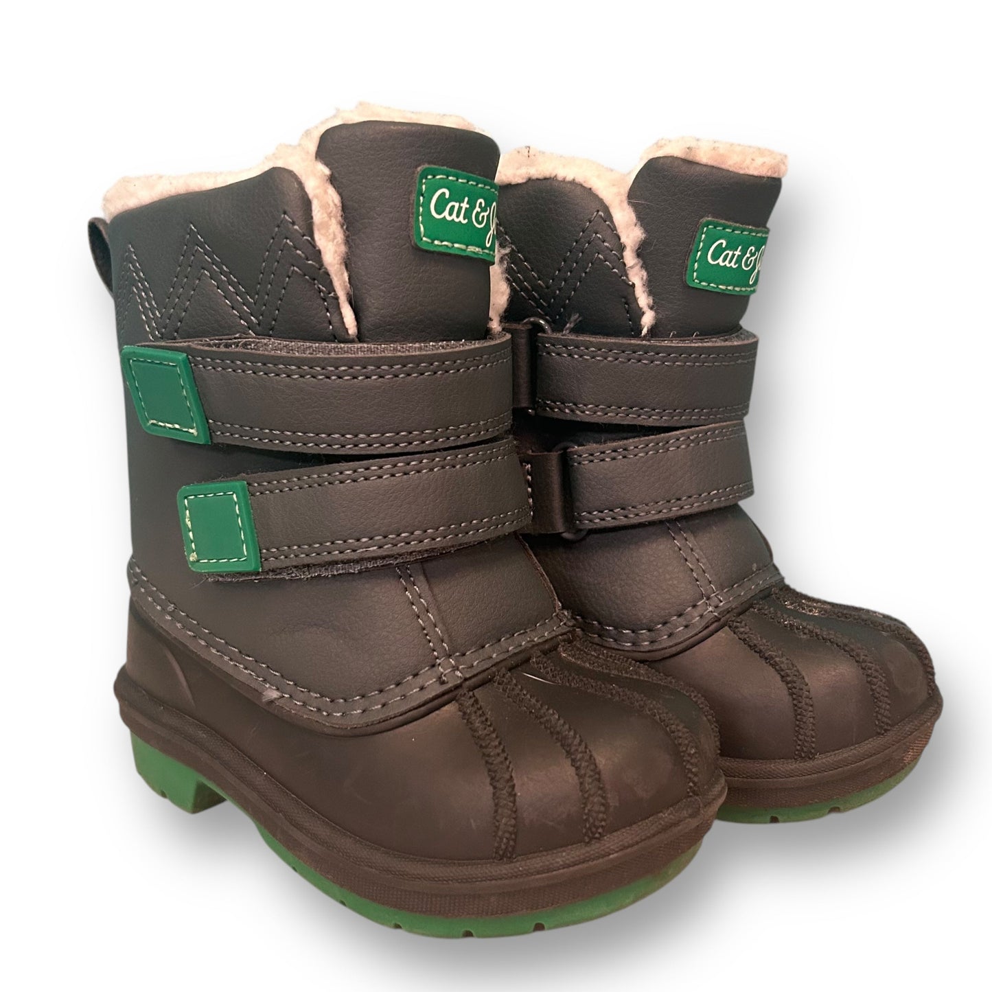 A pair of gray Cat & Jack toddler boy size 6 snow boots with sherpa lining and a weatherproof exterior.