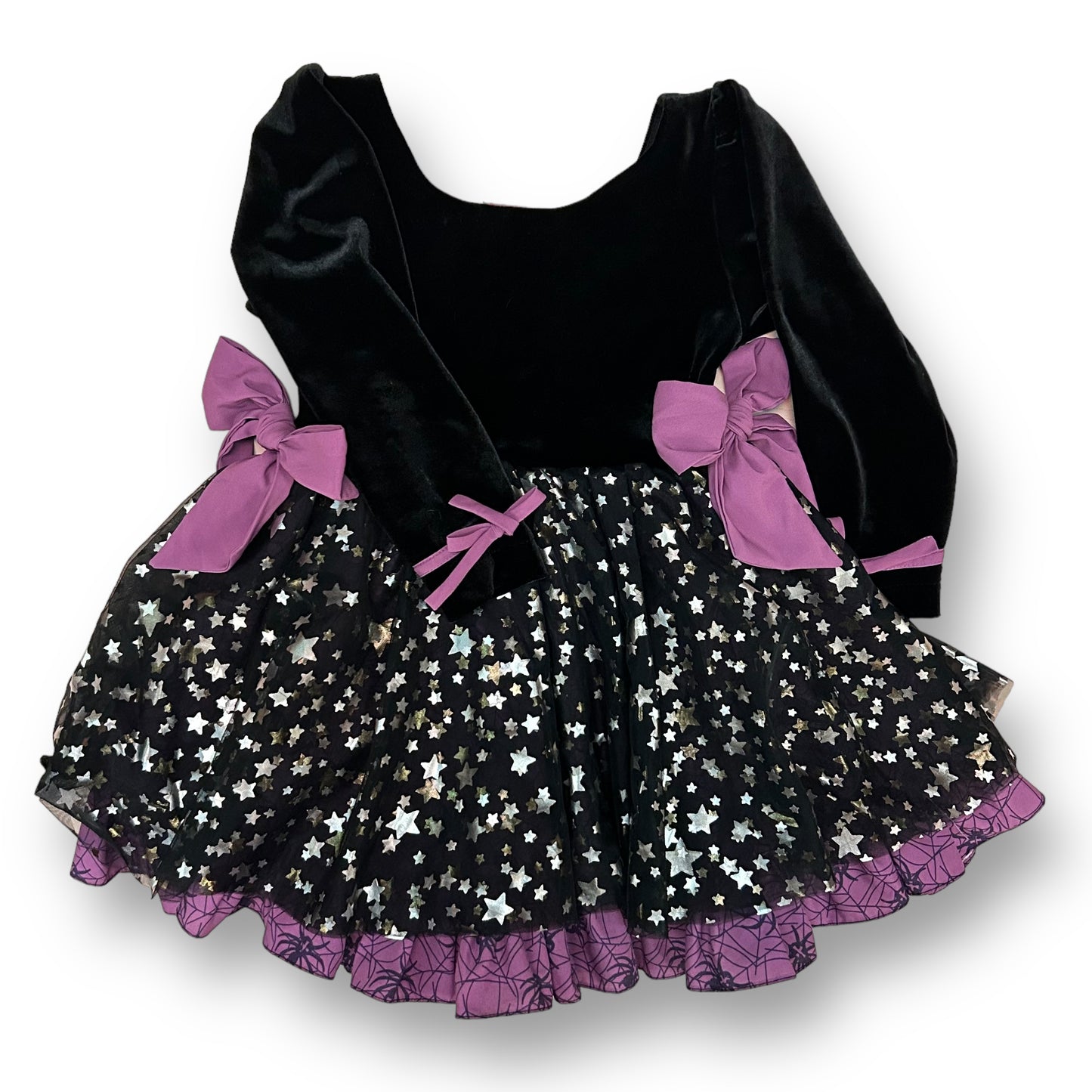 Boutique Girls Halloween Dress Size 5 Black Velvet Purple Tutu Layers with Bows