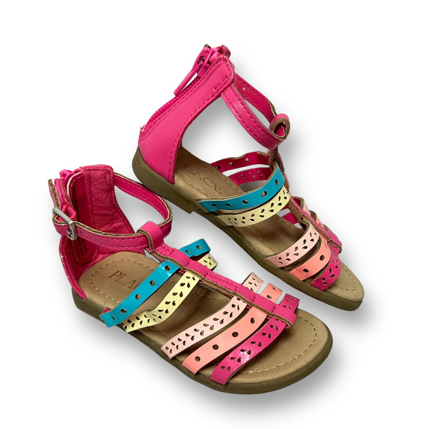 A pair of Children's Place toddler girl size 5 multi-color strappy zipper-back sandals in pink, blue, and green colors.
