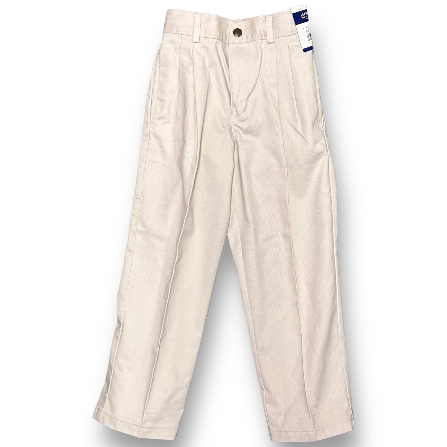 A pair of khaki pleated chino pants for boys, displayed against a white background with orange tags visible at the bottom.