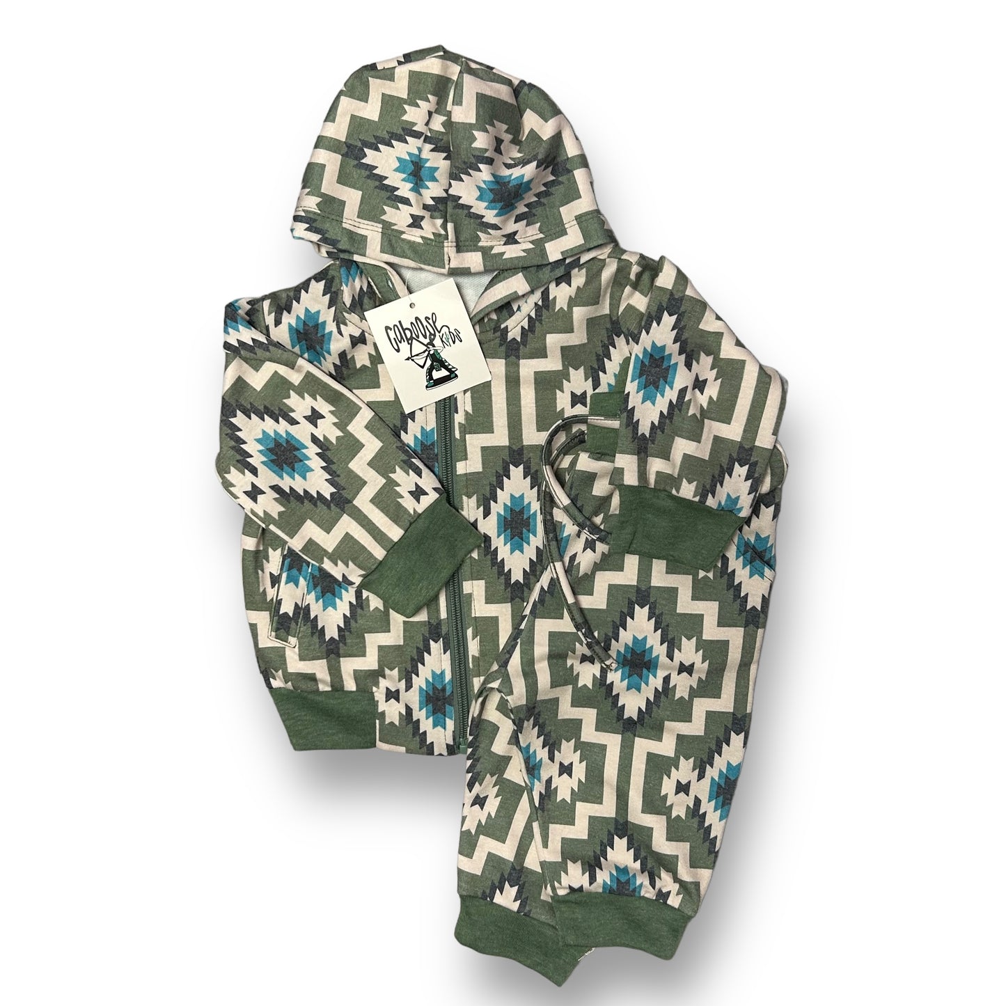 NEW! Baby Boy Outfit Size 6-12 Months Green Aztec Zippered Hoodie and Pants Set