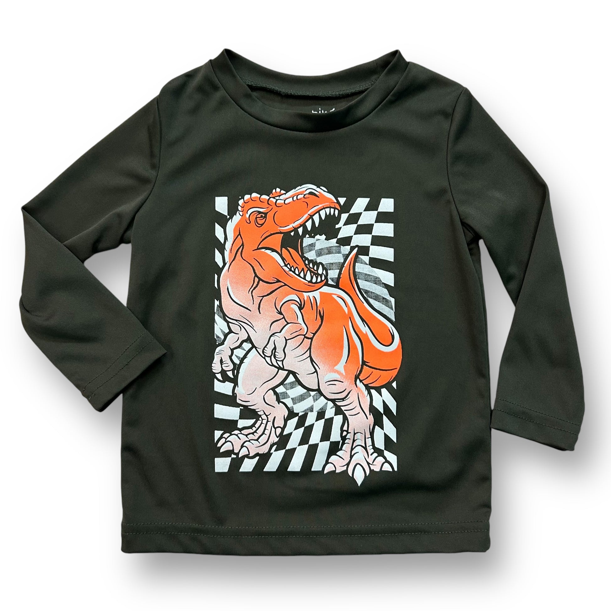 A long sleeve dark green active shirt for boys with a dinosaur pattern on it.