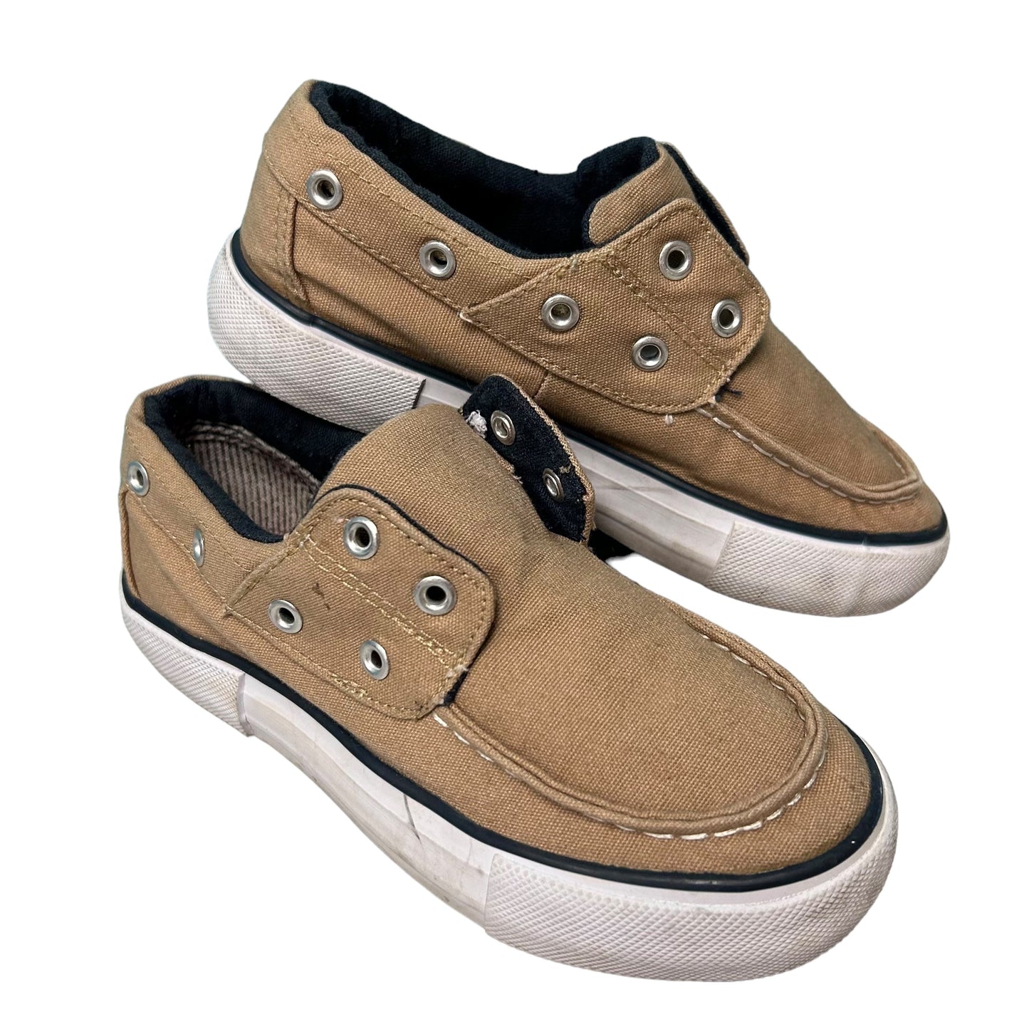A pair of beige Route 66 slide-on canvas boat shoes, size 11, with lace-up closure and a non-marking rubber outsole.