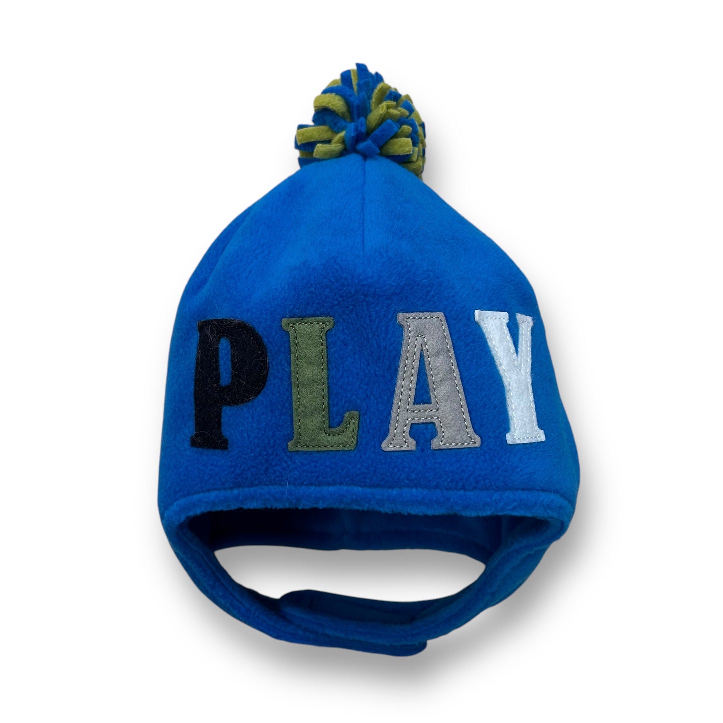 A blue fleece winter hat with the text 'PLAY' printed in a lighter color on the brim.