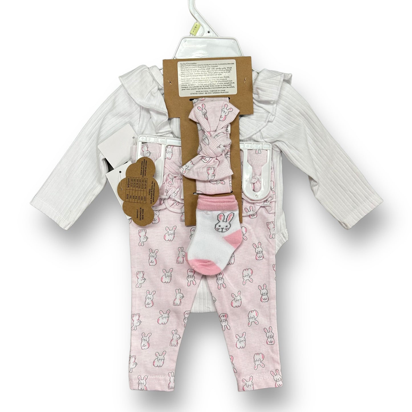 NEW! Girls Baby Essentials Size 3 Months White & Pink Bunny Print 4-Pc Outfit