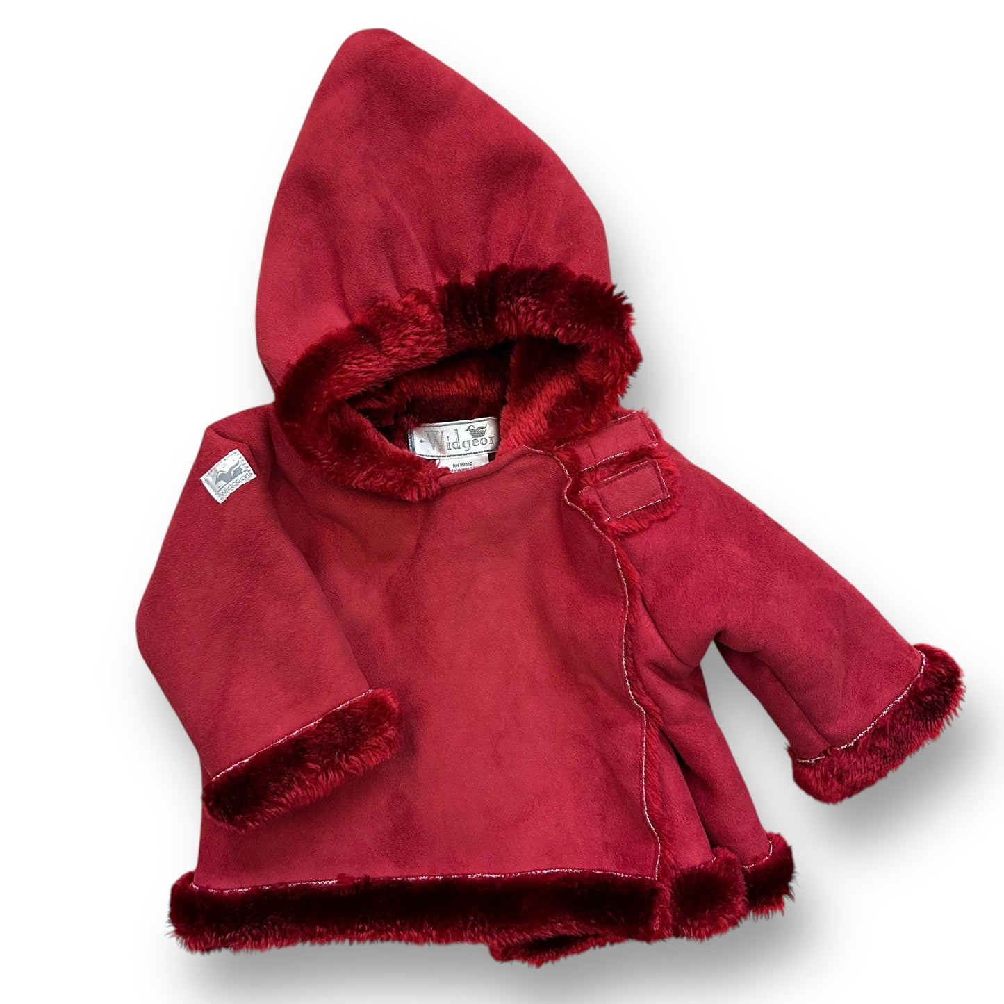A dark red suede and faux fur baby coat with a hood, designed for a girl size 3 months.