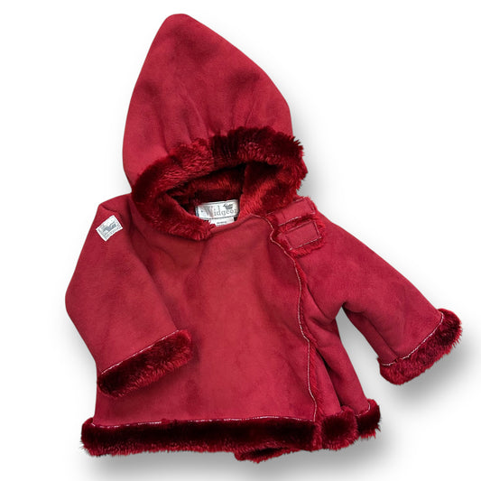 A dark red suede and faux fur baby coat with a hood, designed for a girl size 3 months.