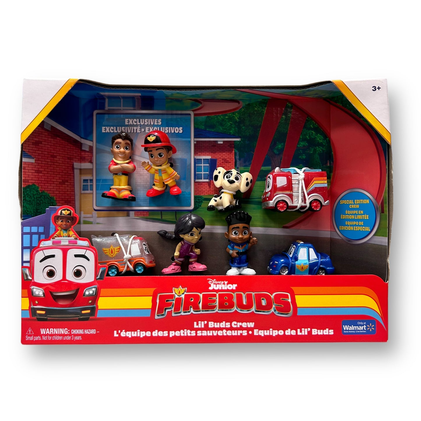 Packaging for Disney Junior Firebuds Lil' Buds Crew 8-Pack Character Figures, featuring colorful toy figures of a fire engine, a dog, and several characters in a playful vehicle setting.