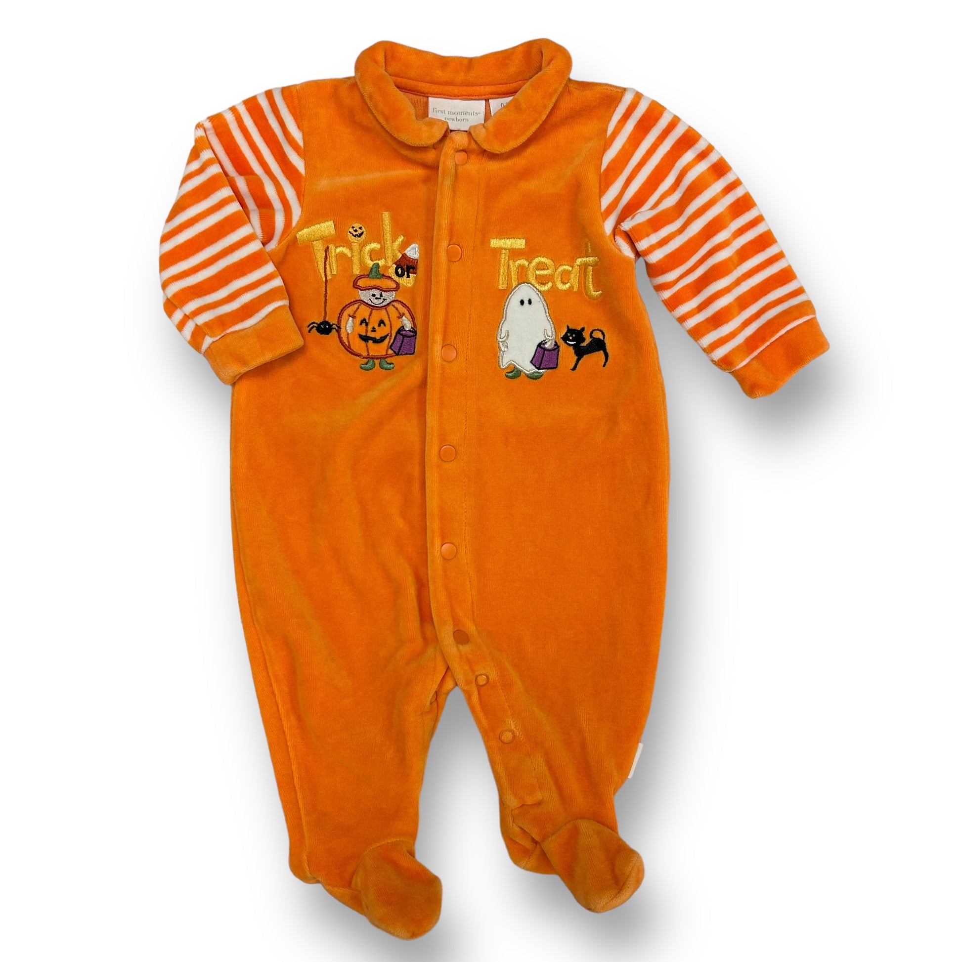 An orange velour baby one-piece with 'Trick or Treat' text and a pumpkin and ghost design, suitable for boys size 0-3 months.