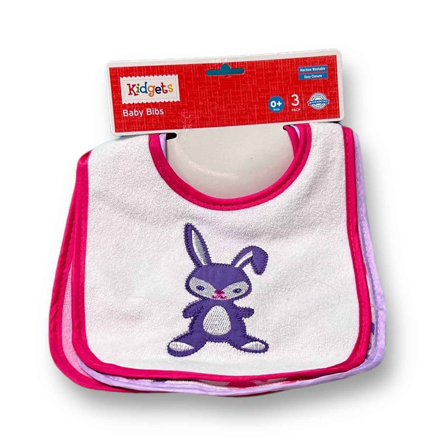 A pack of three Kidgets baby bibs featuring a bunny print, with pink trim and a white background.