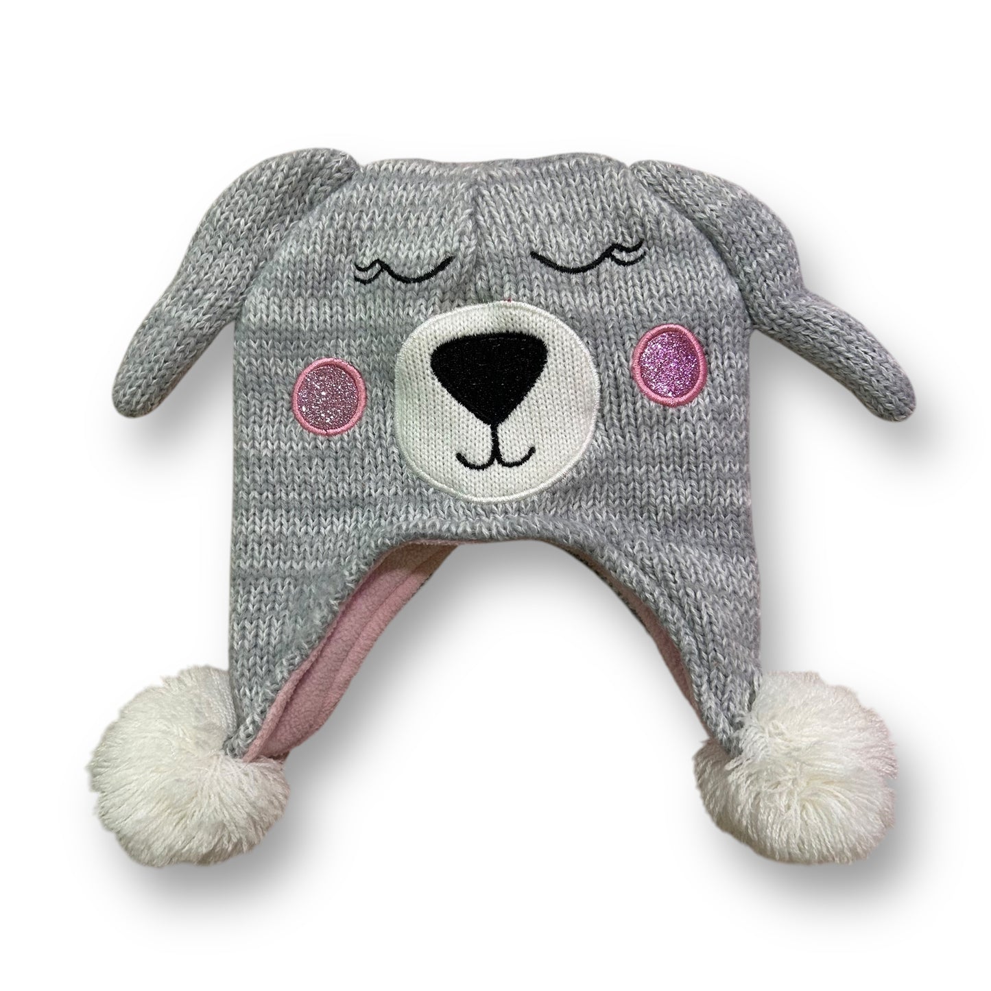 Children's Place Toddler Girl Winter Hat 12-24 Months Gray Knit Puppy Pom Beanie
