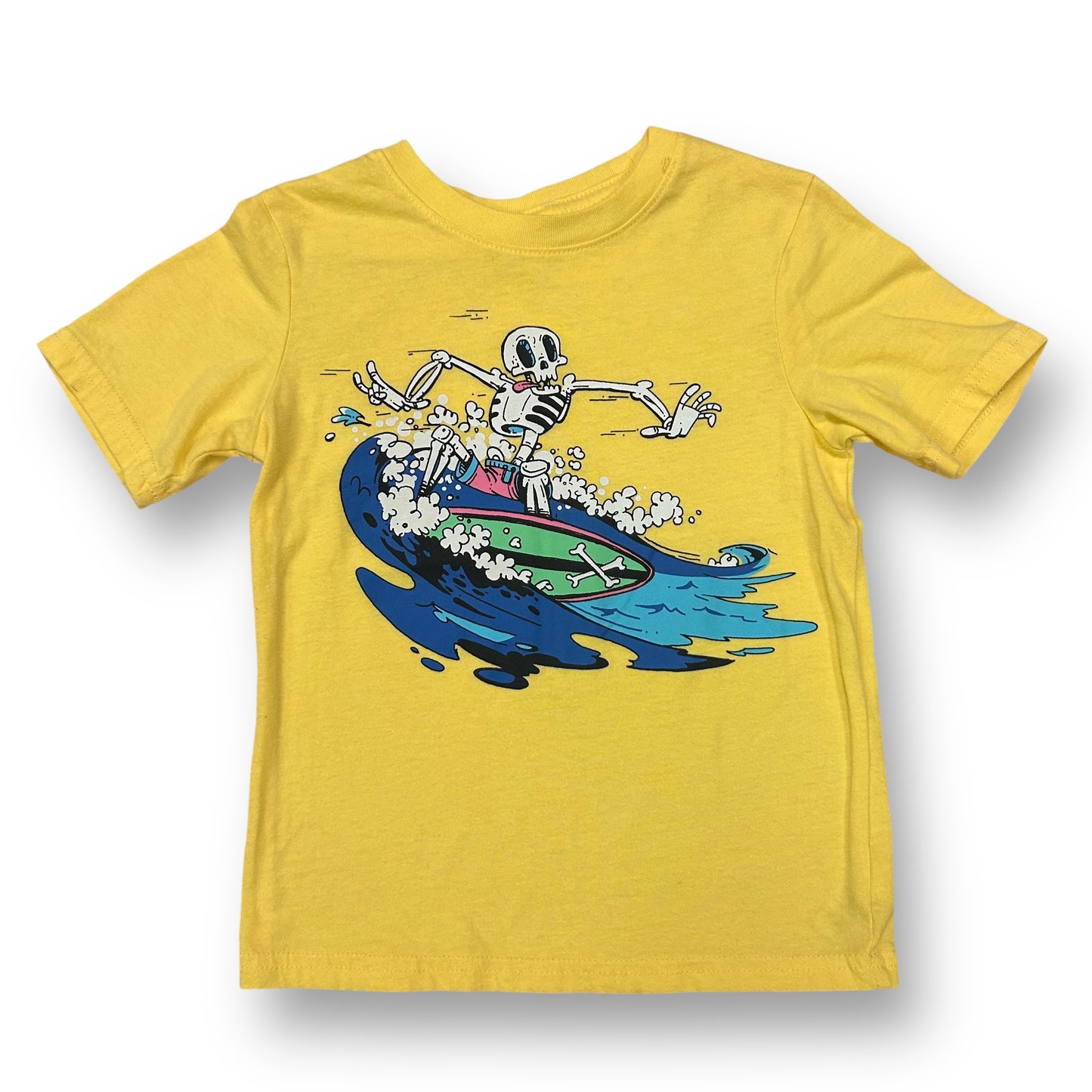 Boys Size 4/5 T-Shirt Yellow Short Sleeve Surfing Skeleton Tee