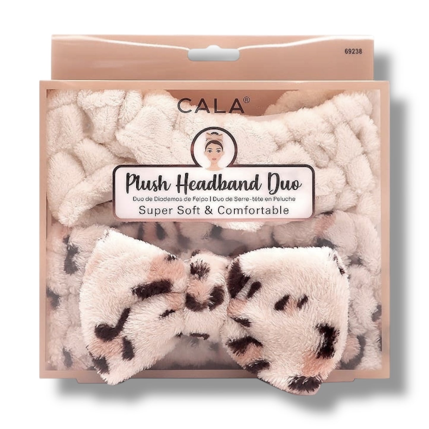 Packaged plush headband duo in beige and brown colors with a leopard print design, labeled as super soft and comfortable for bath and skincare routines.