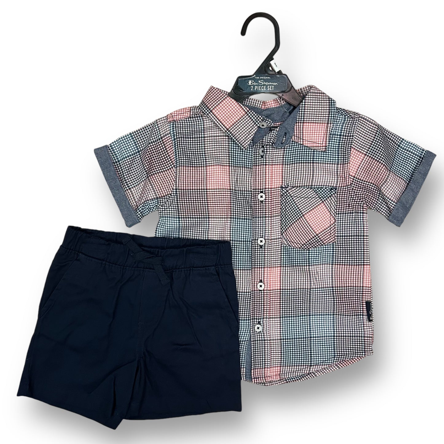 NEW! Boys Size 2T Outfit 2-Piece Button Up Shirt and Navy Khaki Shorts Set