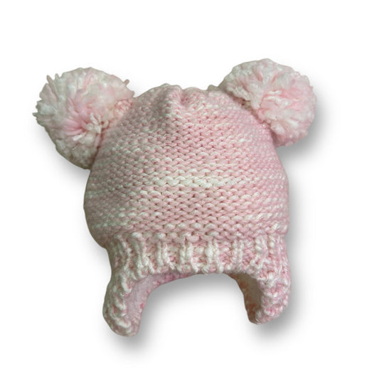 Baby Girl Size 6-12 Months Pom Beanie Pink & White Knit Fur Lined Winter Hat