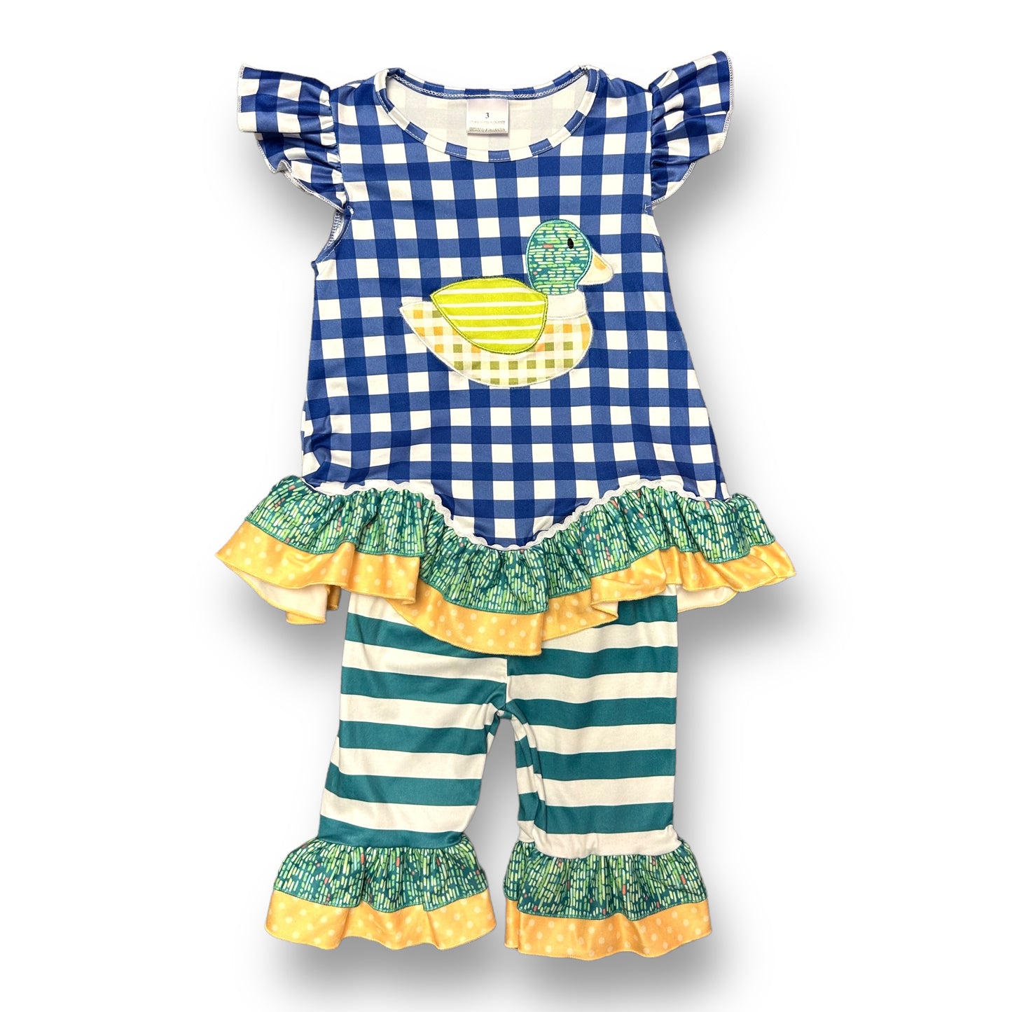 A girls' boutique size 3 soft 2-piece outfit with a ruffled mallard duck design, featuring a blue and green color scheme and a checkered pattern.