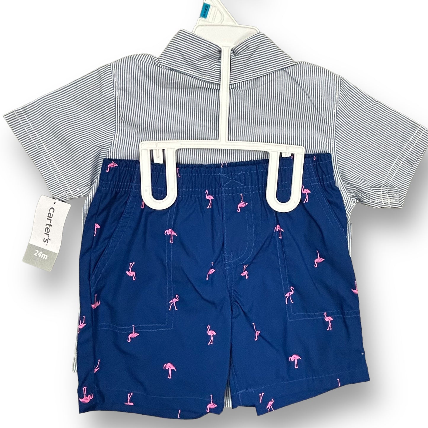 NEW! Carter's Boys Size 24 Months Blue and White Flamingo Theme Outfit