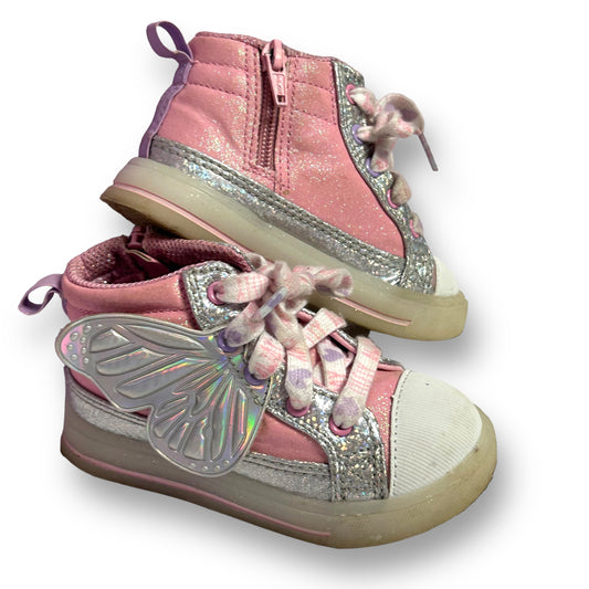 A pair of pink high-top sneakers for toddlers with a butterfly design and light-up features.