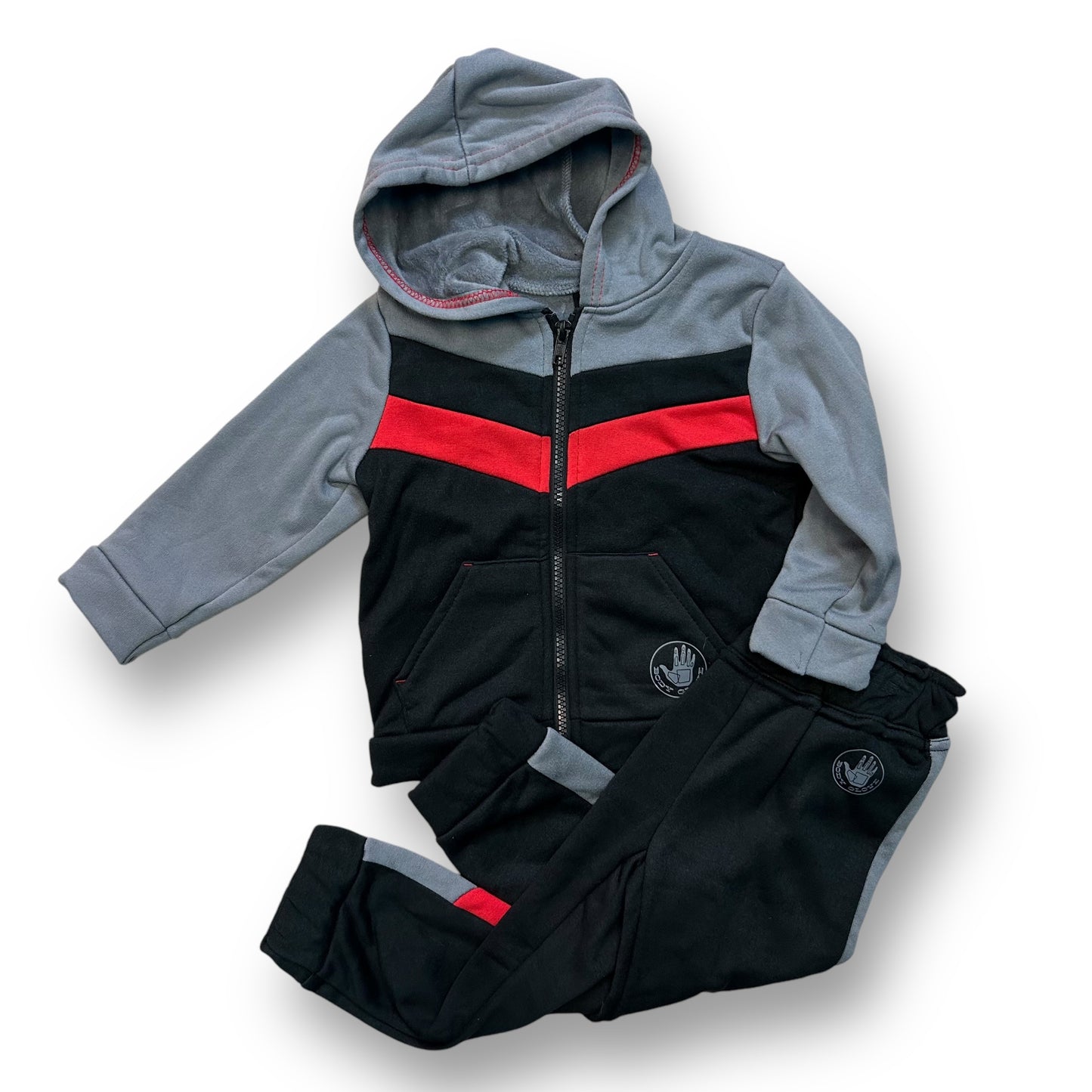 A boys' 24-month outfit set including a gray hoodie with black and red accents and a matching pair of black sweatpants with a gray drawstring.