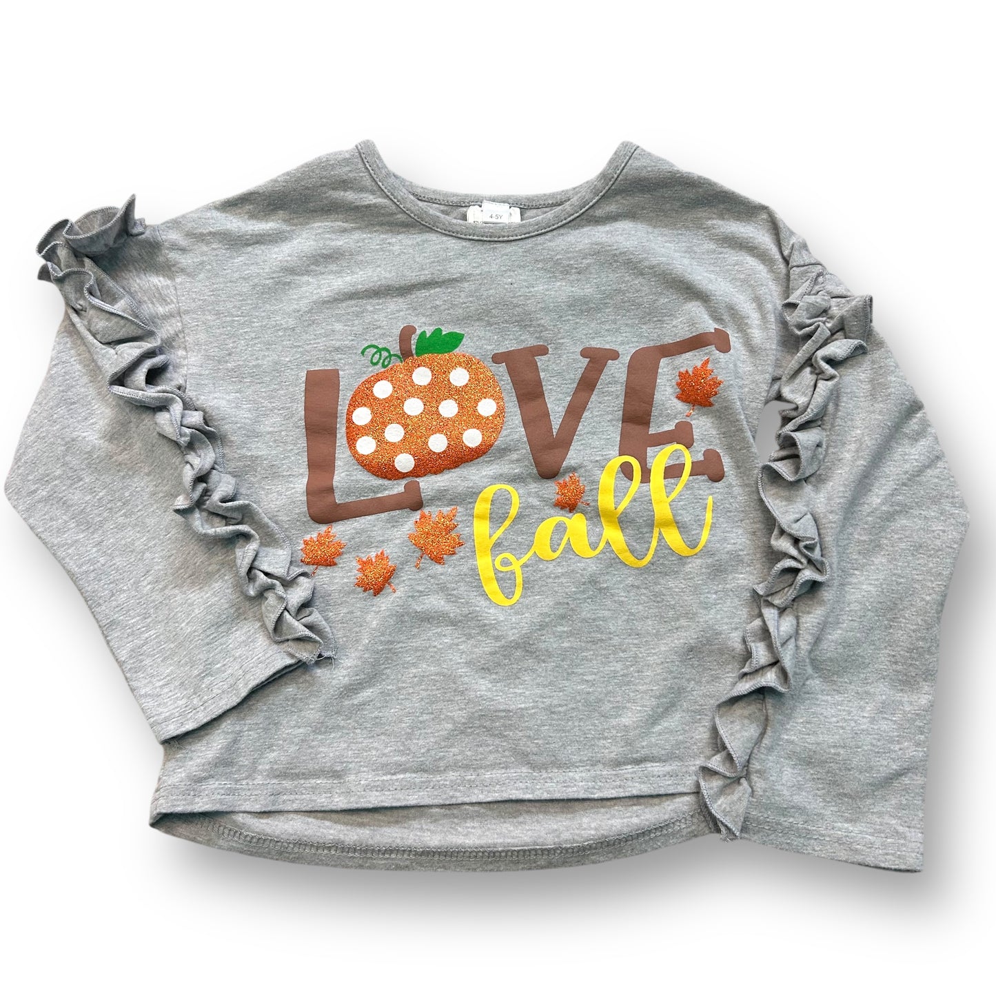 Girls Fall Pumpkin Shirt Size 4/5 Gray Ruffled Long Sleeve Cotton Top