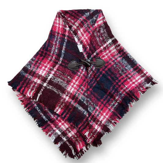 A girls size 2/3 years shawl with pink and navy plaid pattern and a button close at the top.