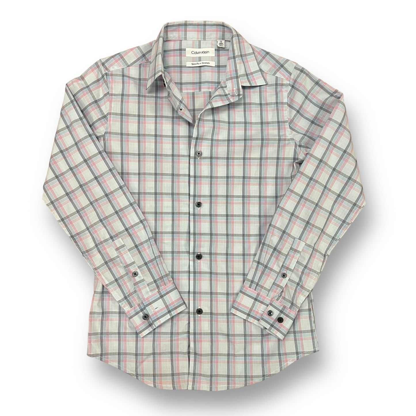 Boys Calvin Klein Size 12 Plaid Slim Fit Comfort Stretch Dress Shirt