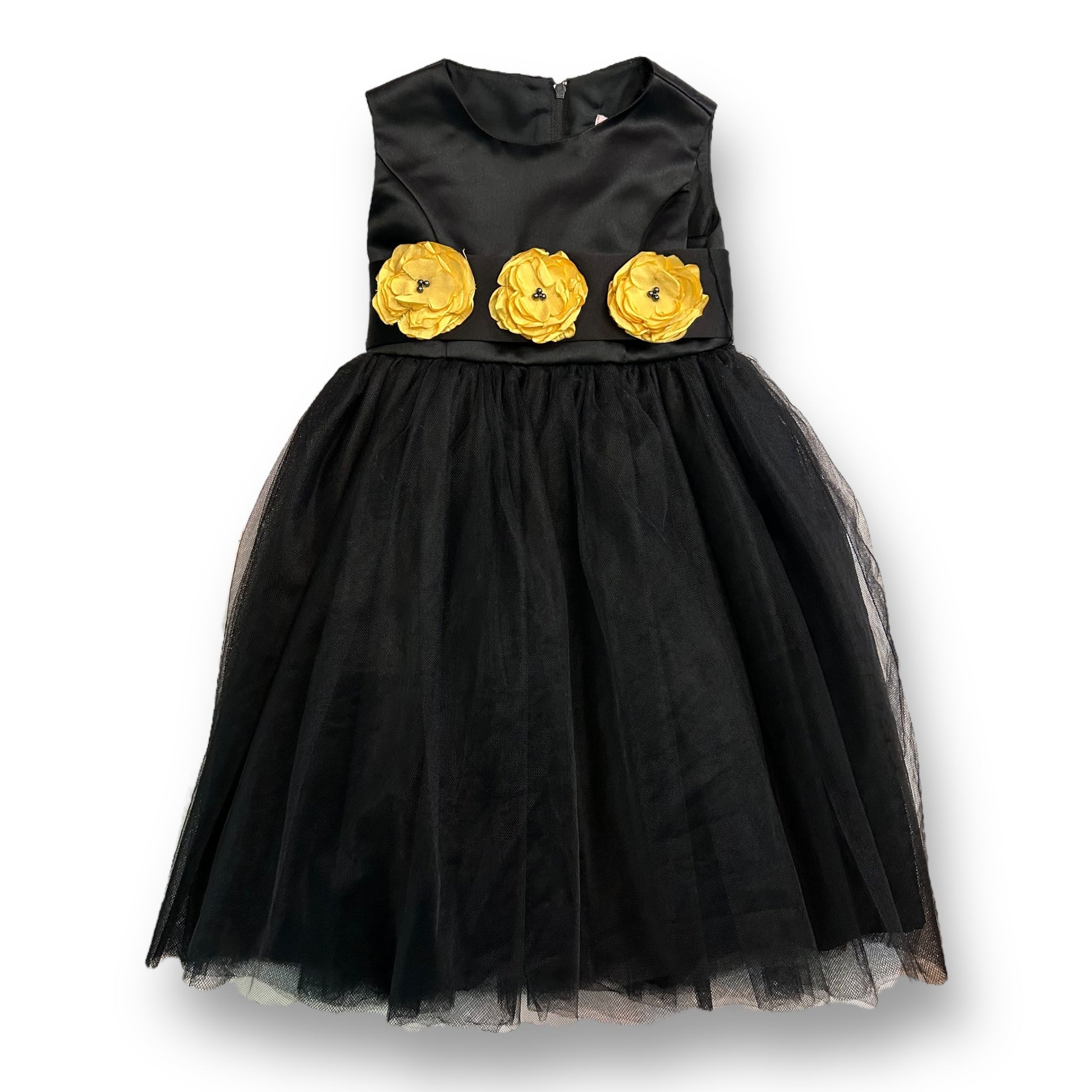 A black sleeveless tulle bottom formal dress with yellow flower embellishments on the waistline for girls.