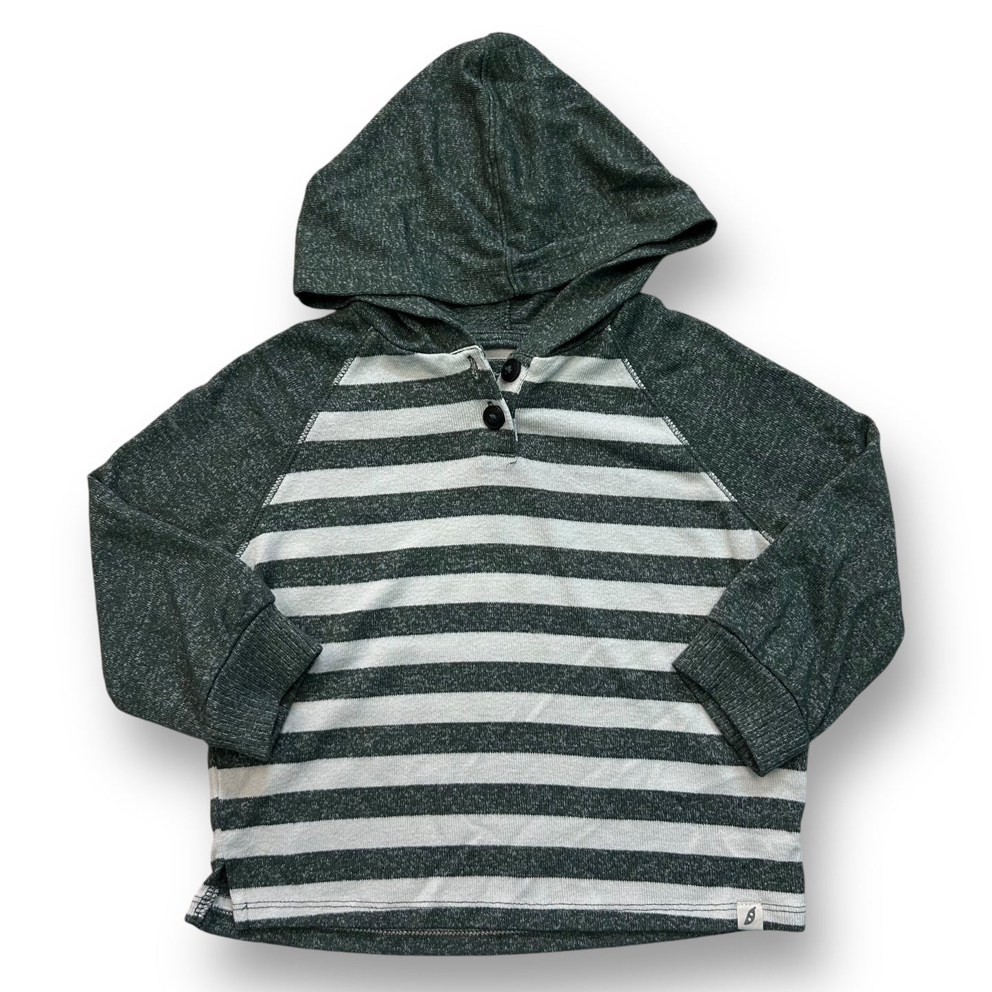 A green and cream striped hooded long sleeve shirt for boys.