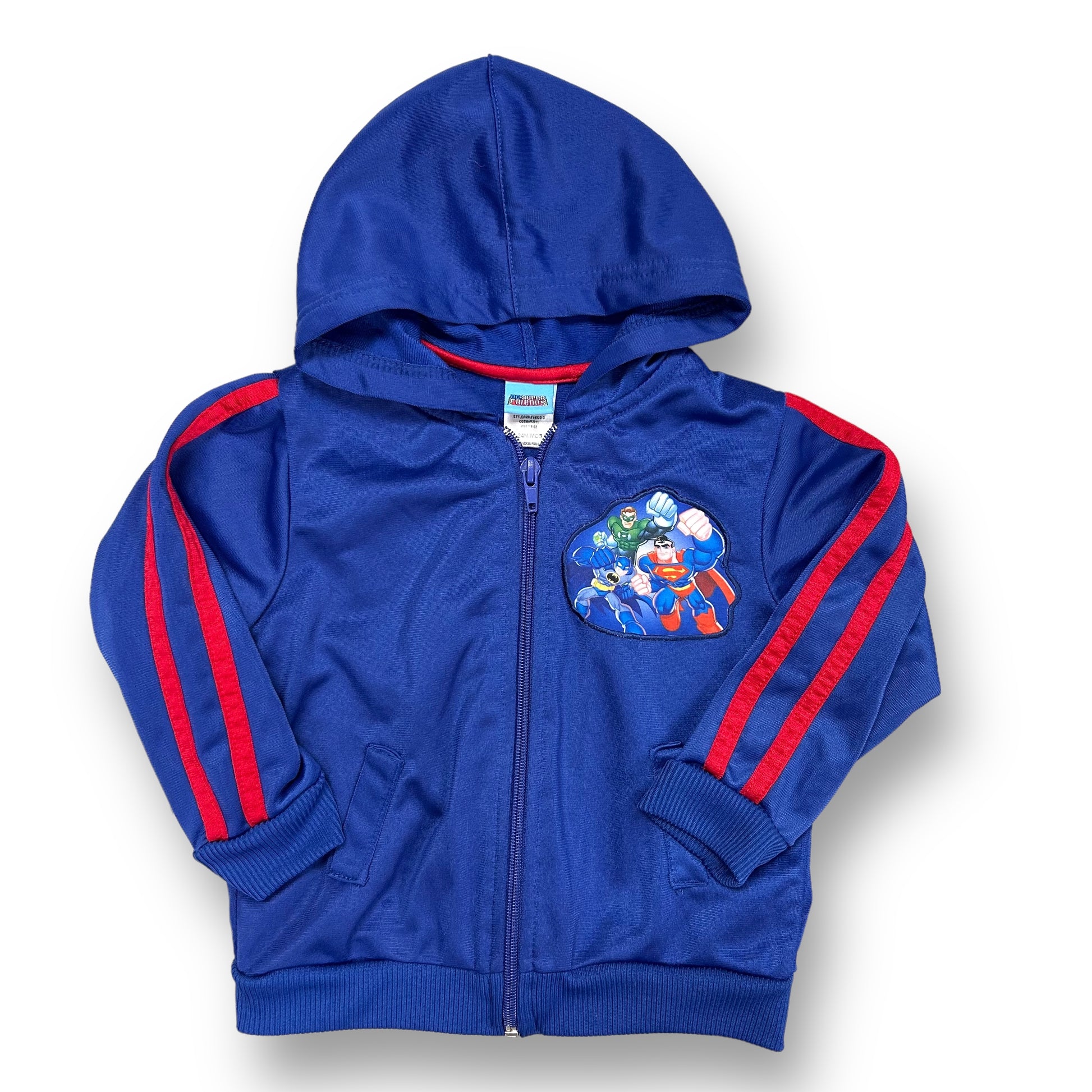 A blue zippered warm up jacket for toddlers with superhero graphics and a hood.
