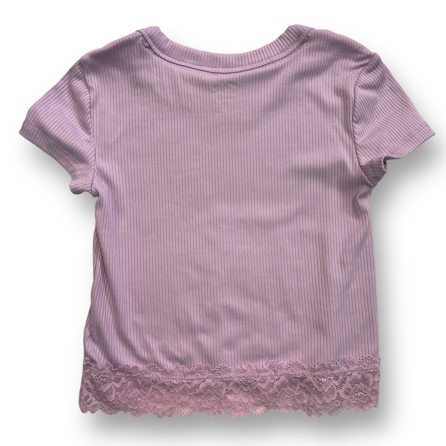 Girls Size 5/6 Soft Knit Purple Top Ribbed Short Sleeve Shirt with Lace Hem