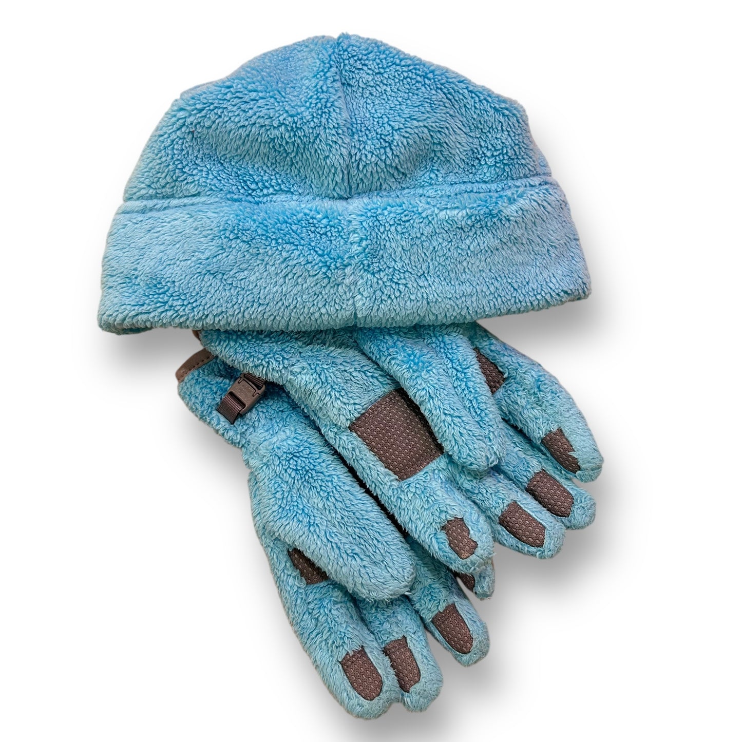 The North Face Youth Girls Winter Gloves and Hat Set, Blue Faux Fur Fleece