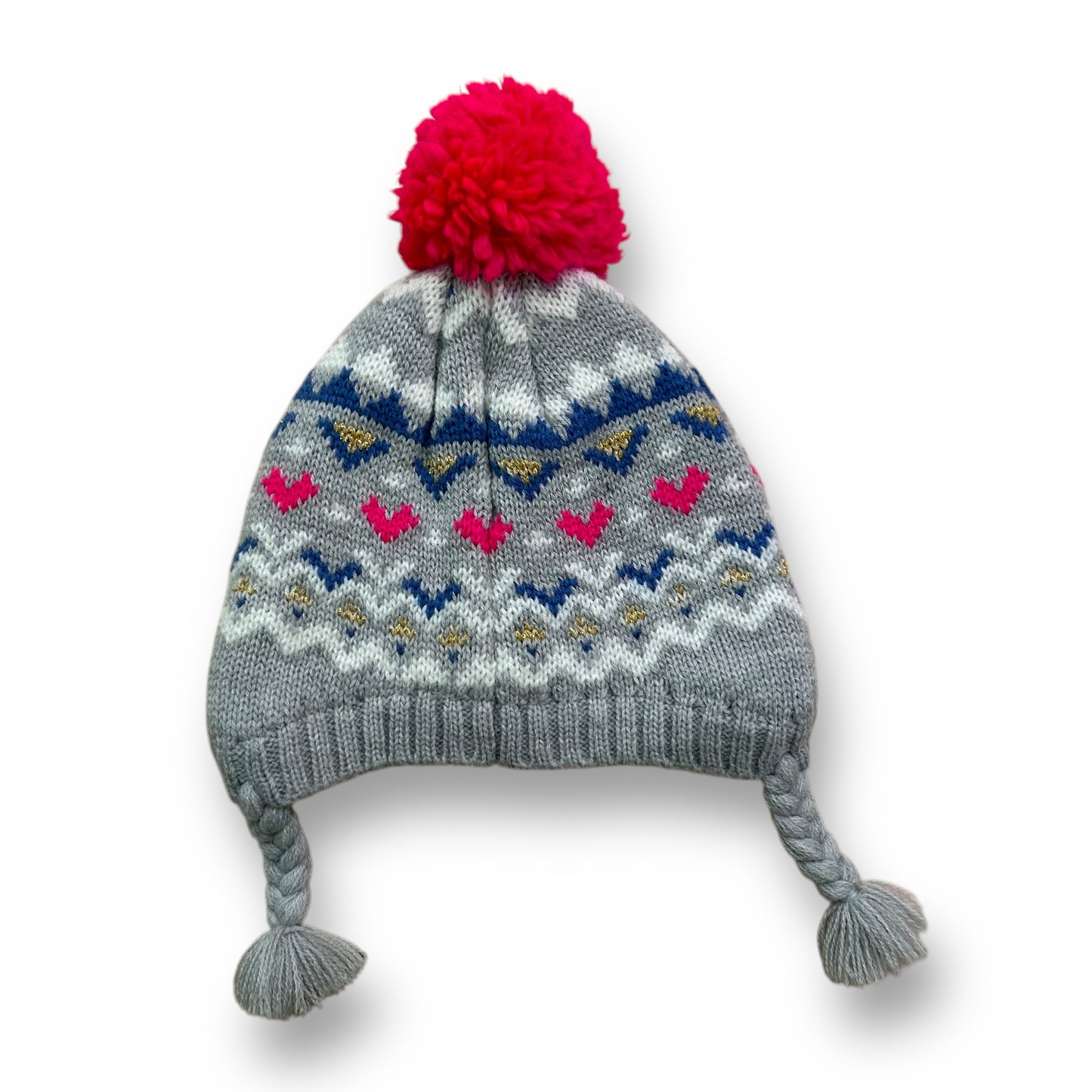 A gray knit beanie with a red pom-pom on a white background.