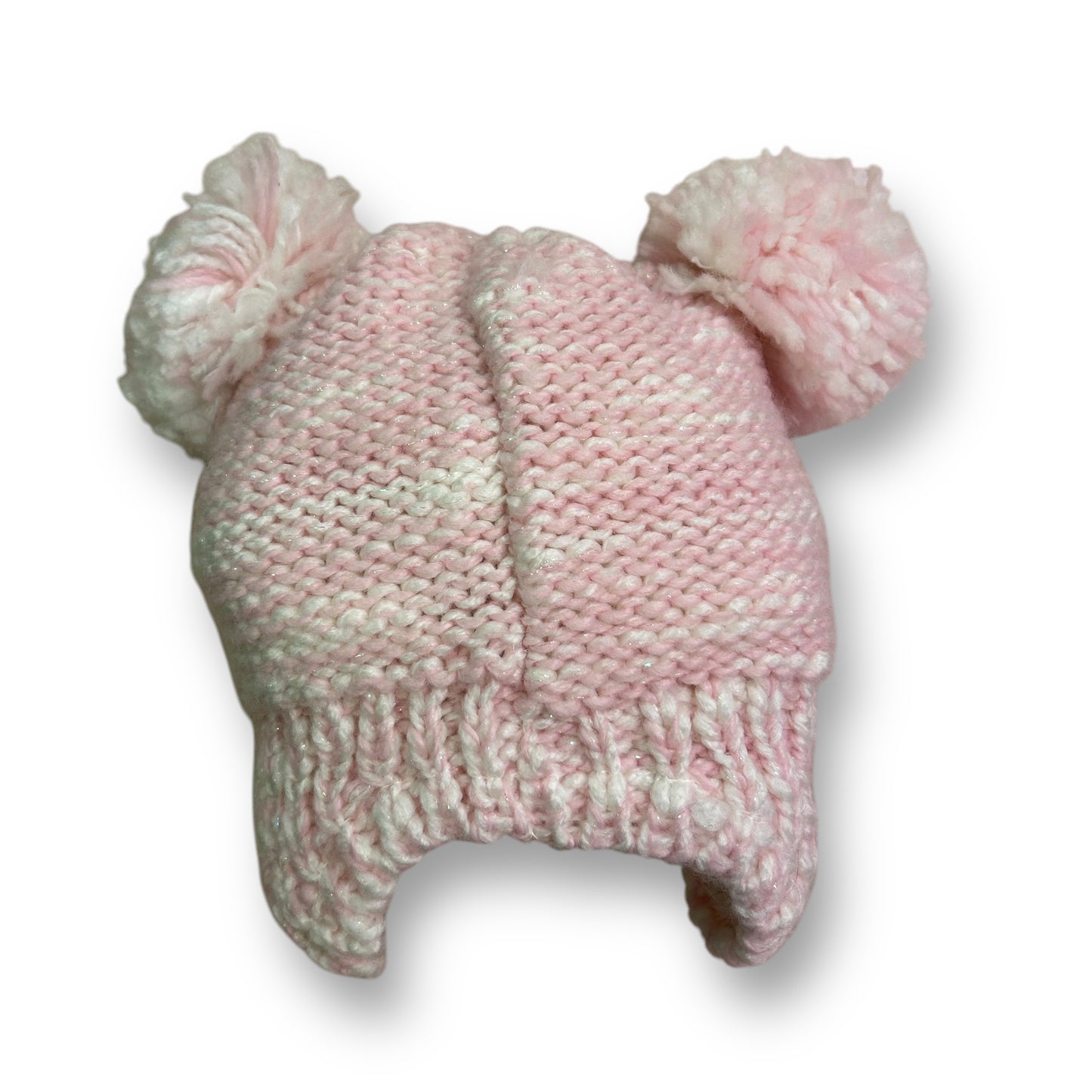 Baby Girl Size 6-12 Months Pom Beanie Pink & White Knit Fur Lined Winter Hat