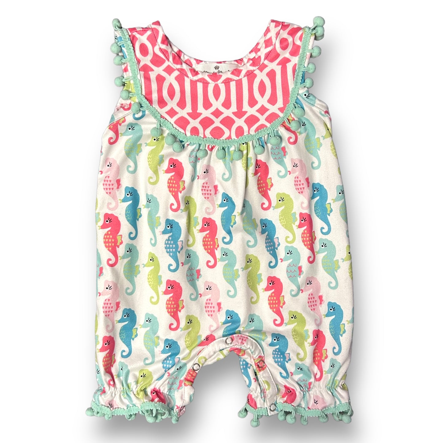Baby Girl 6-12 Months One Piece Sea Horse Print Pom Collar Sleeveless Romper