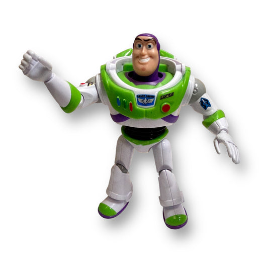 A poseable action figure of Buzz Lightyear from Toy Story, featuring green and white spacesuit with silver accents and a purple helmet.