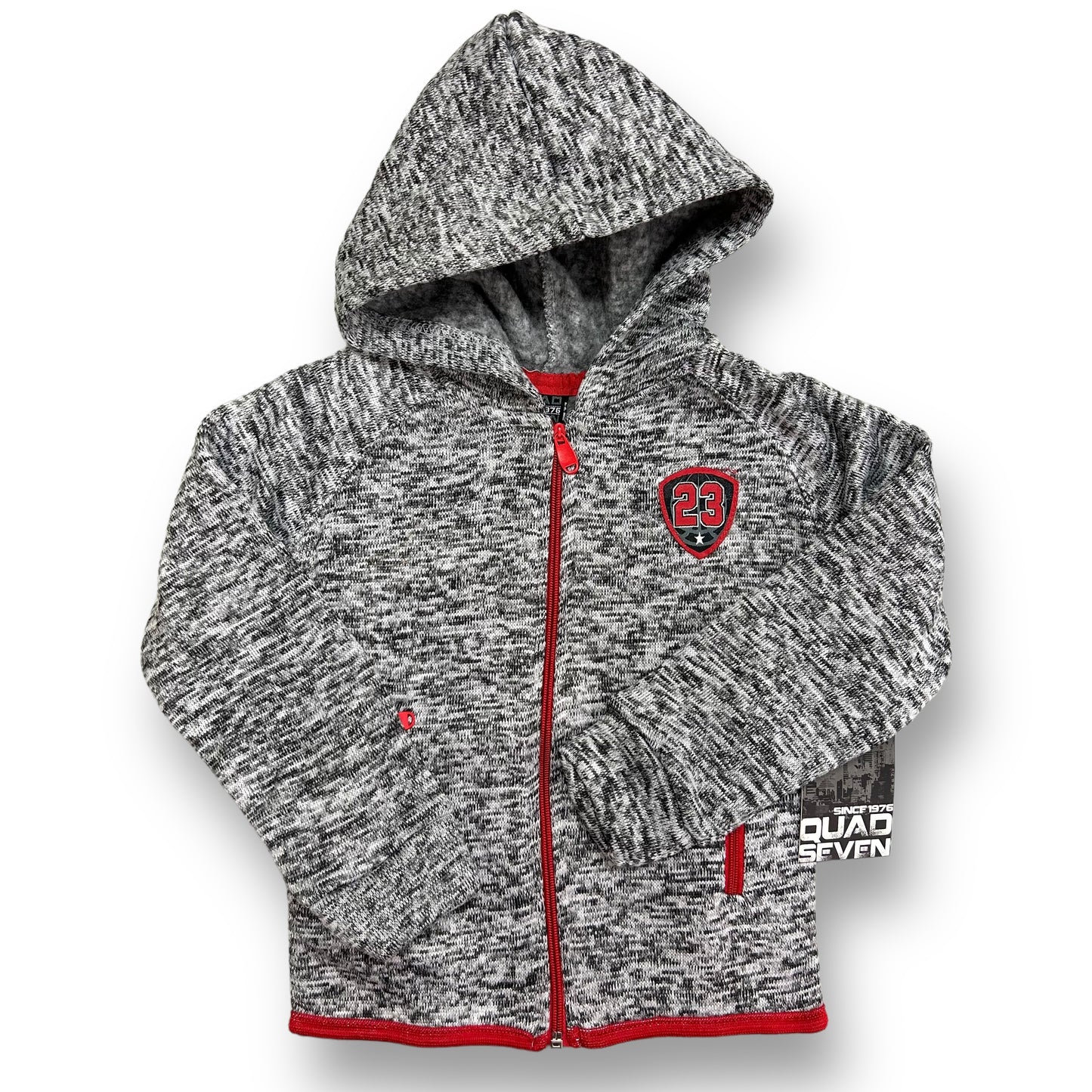 A gray and red zippered hooded jacket for boys, with a visible logo on the chest.