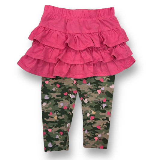 A pair of girls' leggings with camouflage pattern and pink skirted design.