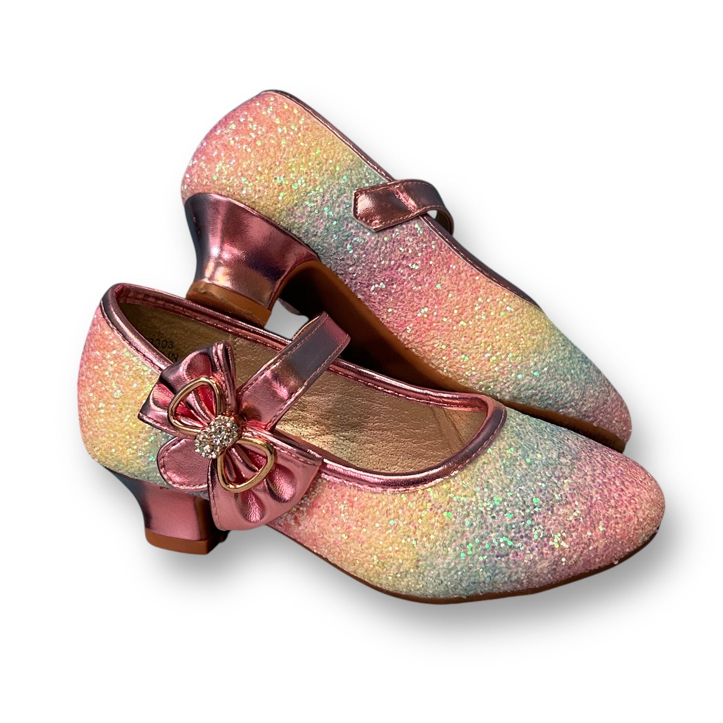 Girls Dress Shoes Size 11 Kids Low Heel Shimmery Pastels with Metallic Pink Bows