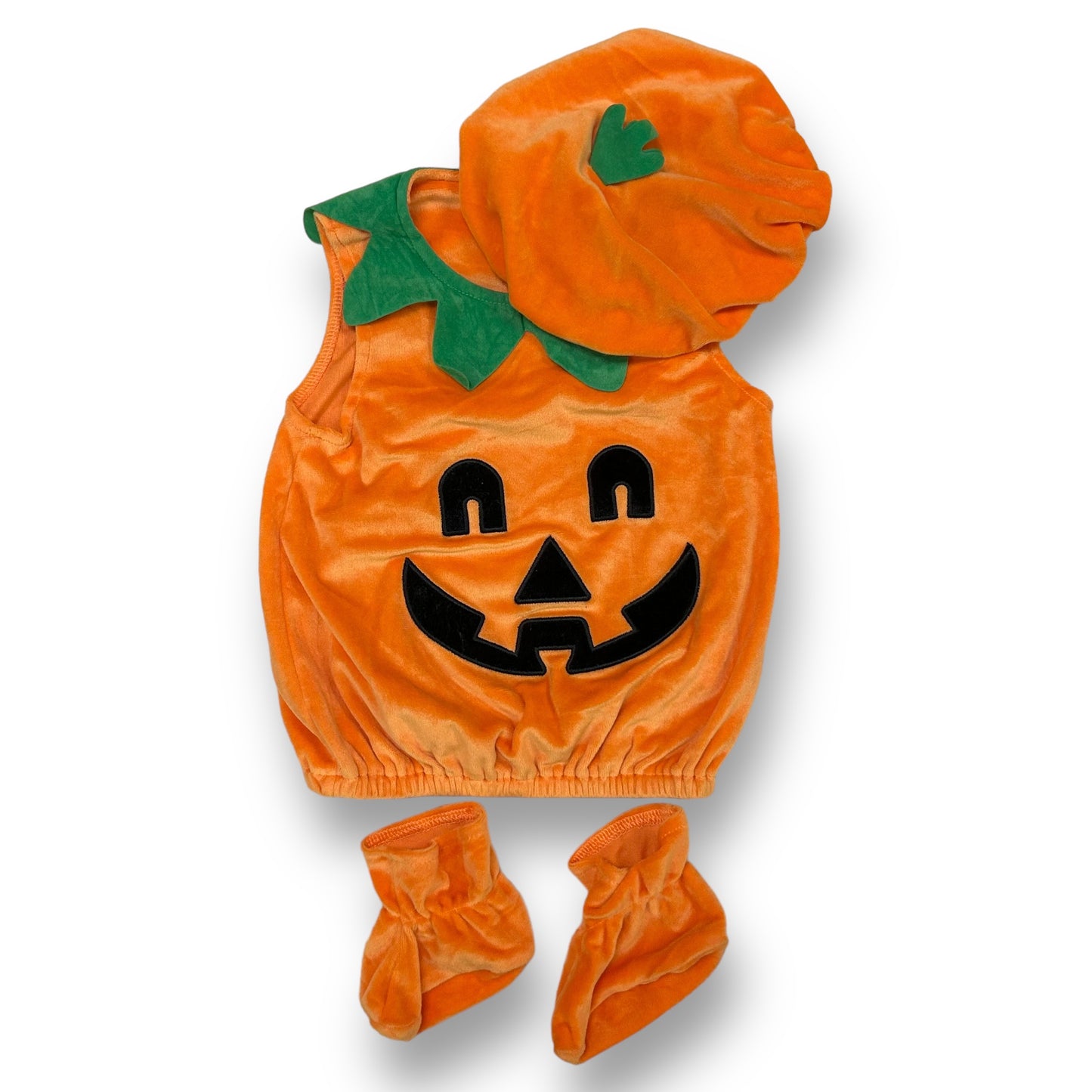 A velour pumpkin costume for boys, featuring a pumpkin design with a green stem, orange color, and a matching hat with a green top.