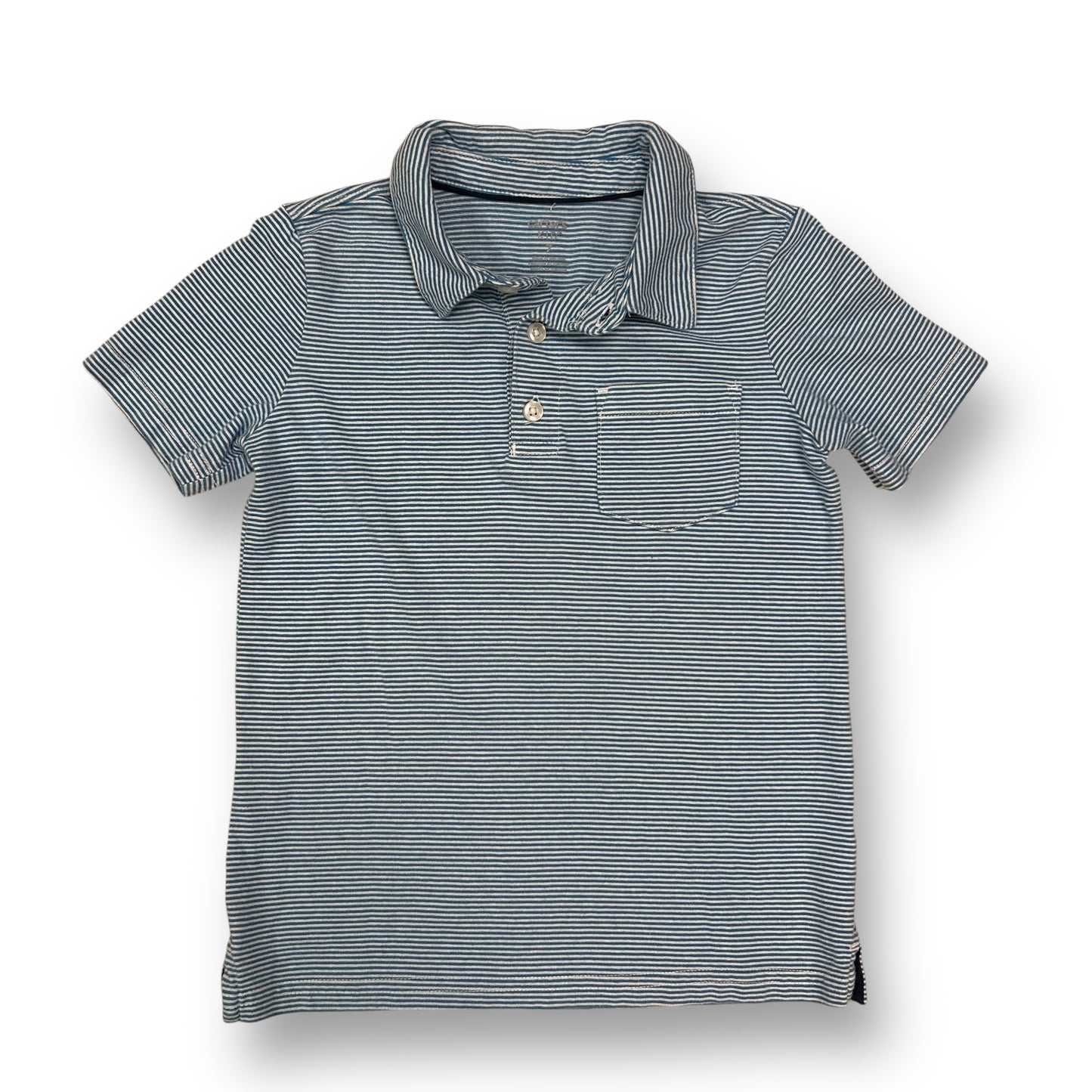 A light blue striped polo shirt with a collar and short sleeves, featuring a front pocket.