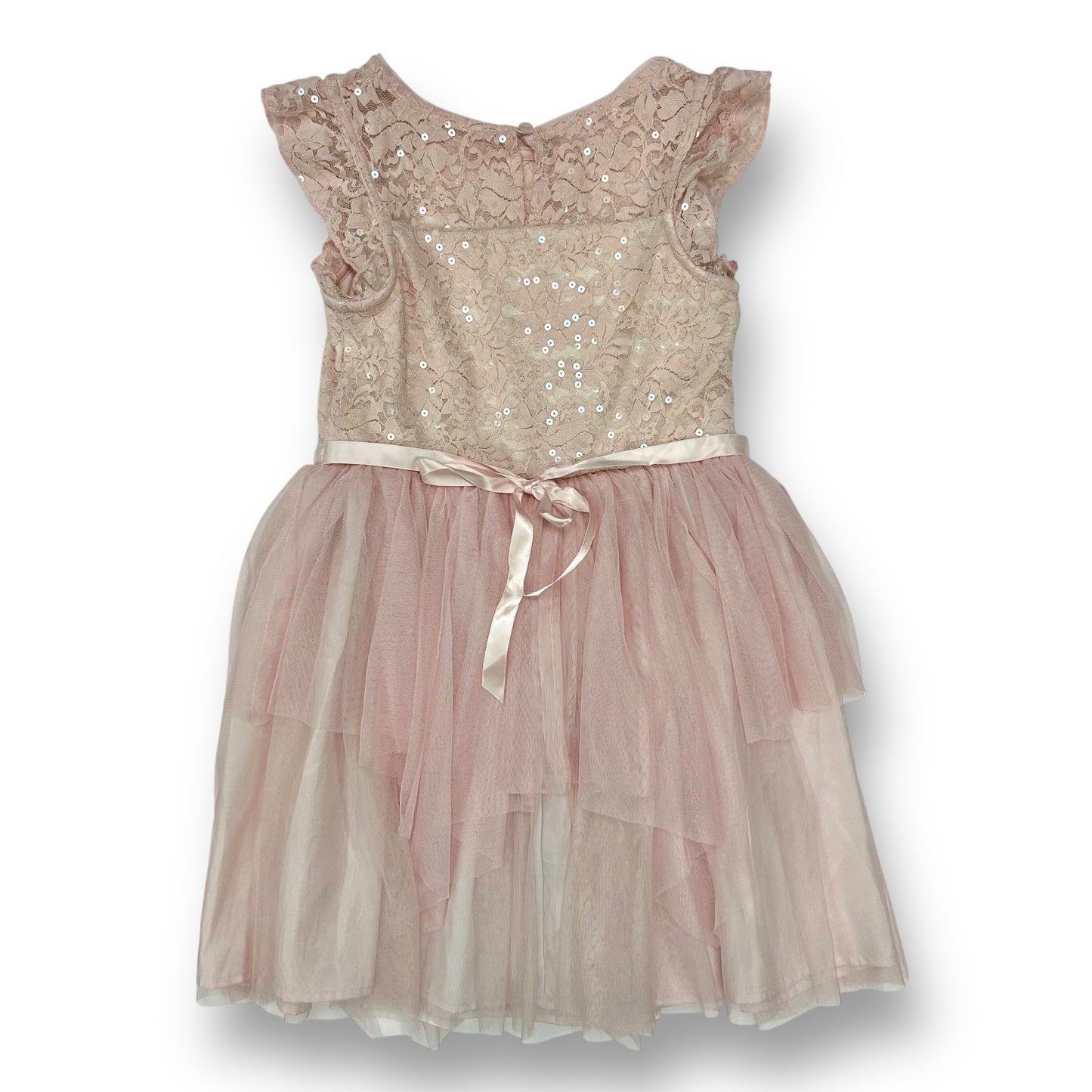 Girls Size 7/8 Pink Blush Lace & Tulle Flutter Sleeve Tutu Dress with Ribbon