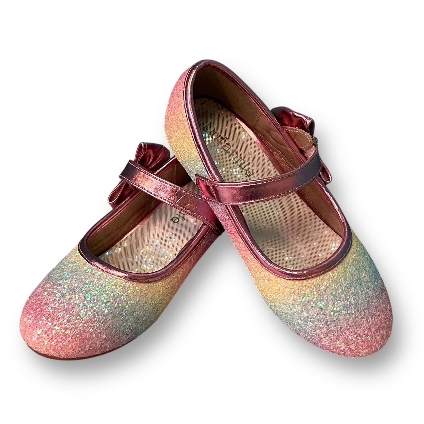 Girls Dress Shoes Size 11 Kids Low Heel Shimmery Pastels with Metallic Pink Bows