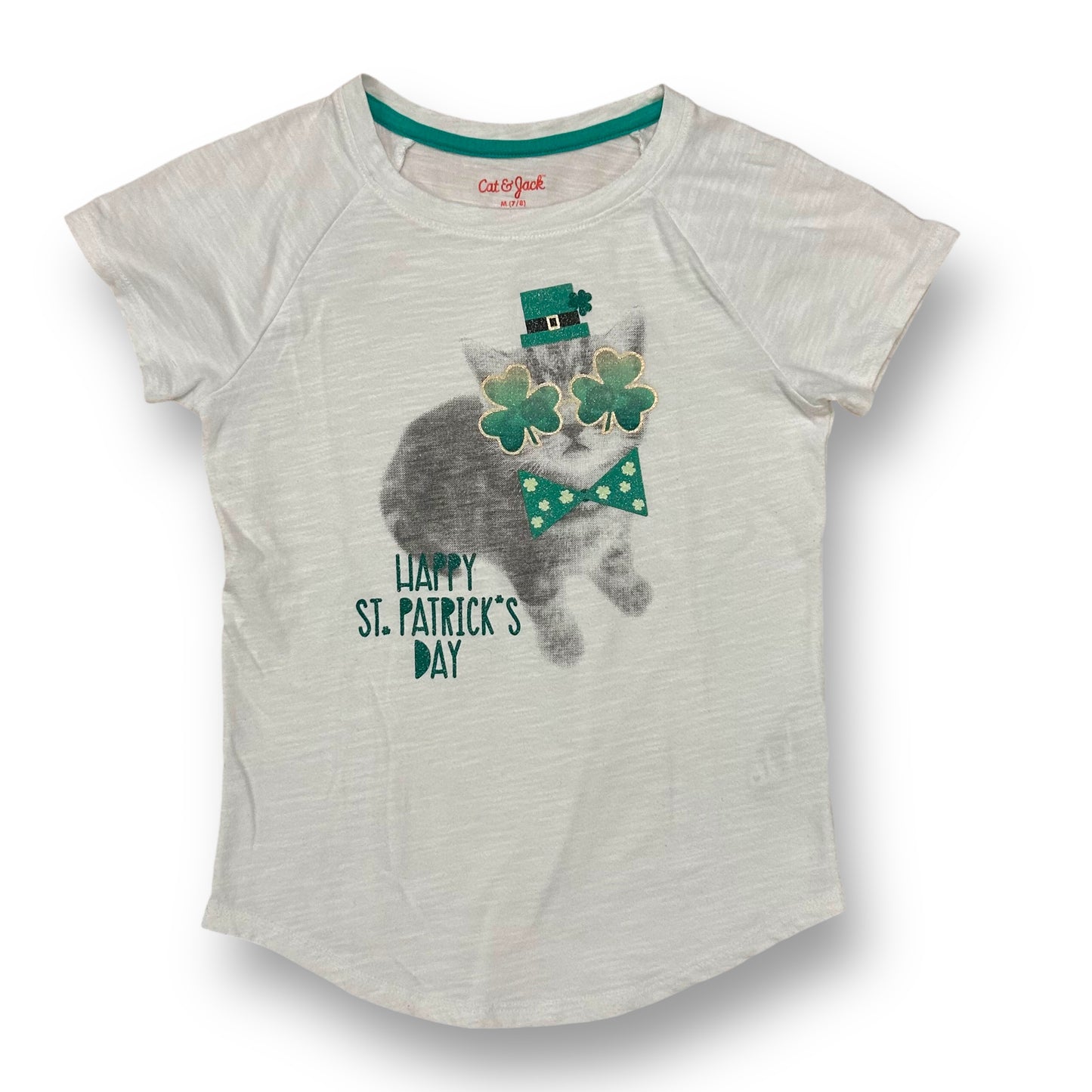 Girls Size 7/8 St Patrick's Day Shirt Lucky Kitty White Short Sleeve Tee