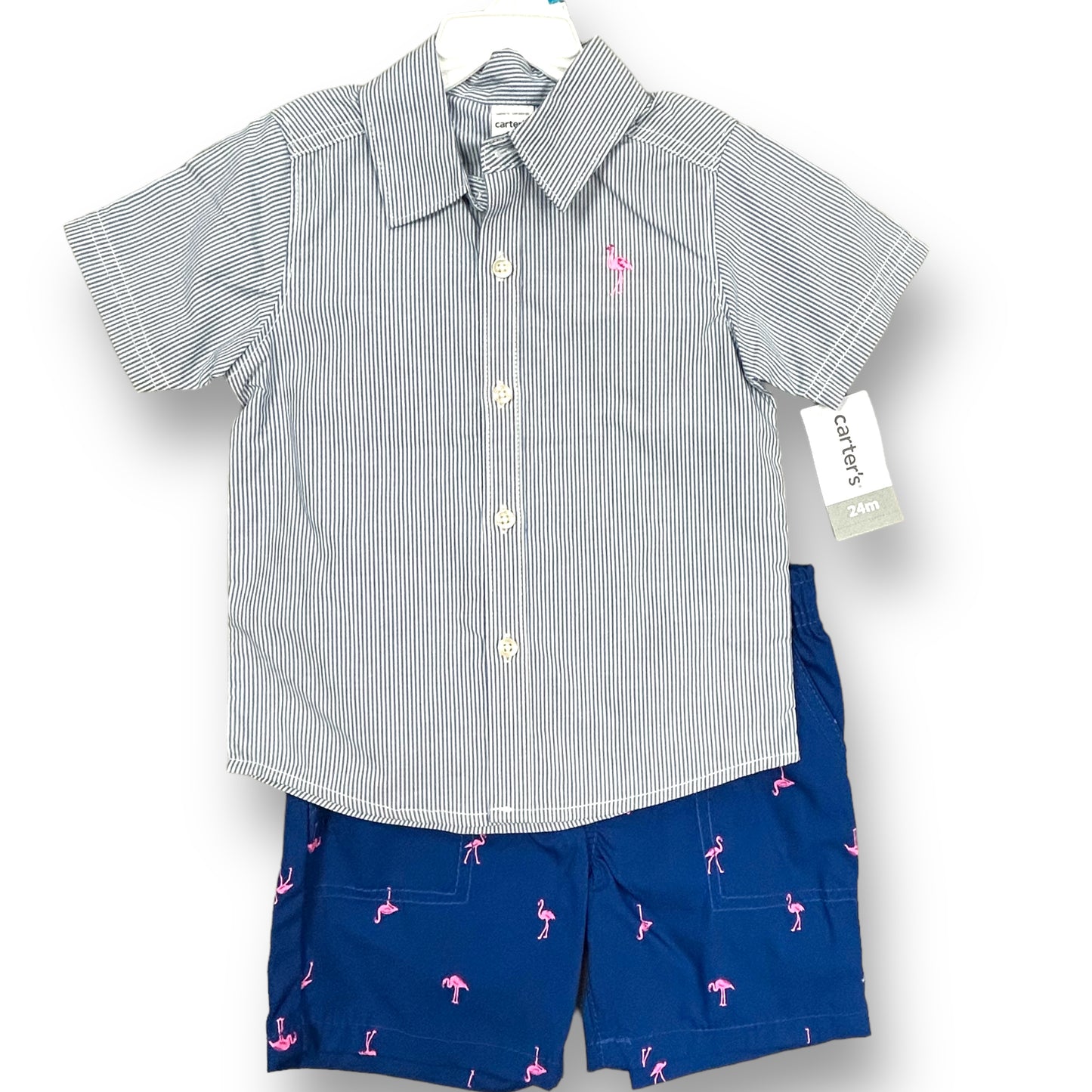 NEW! Carter's Boys Size 24 Months Blue and White Flamingo Theme Outfit