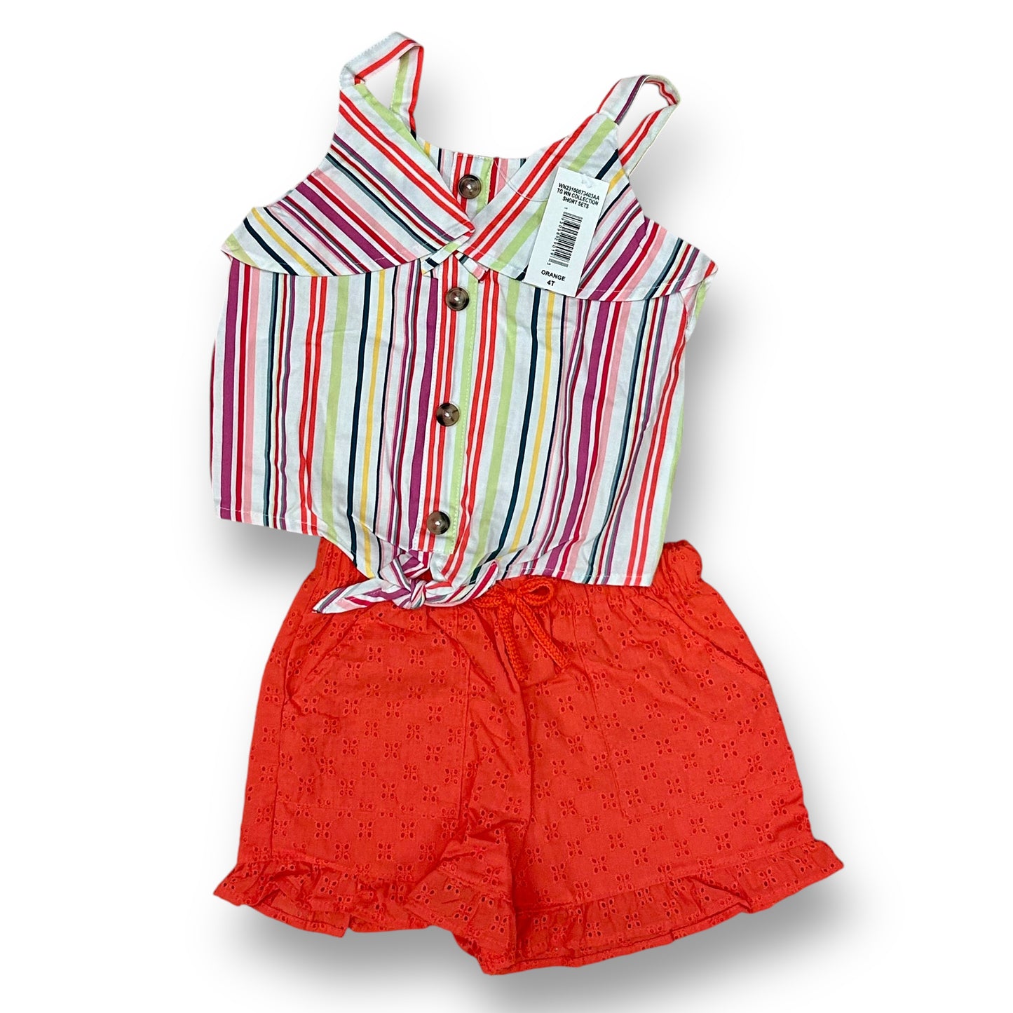 A girls' outfit consisting of an orange and white striped top and red bottoms, size 4T, with a tag visible.