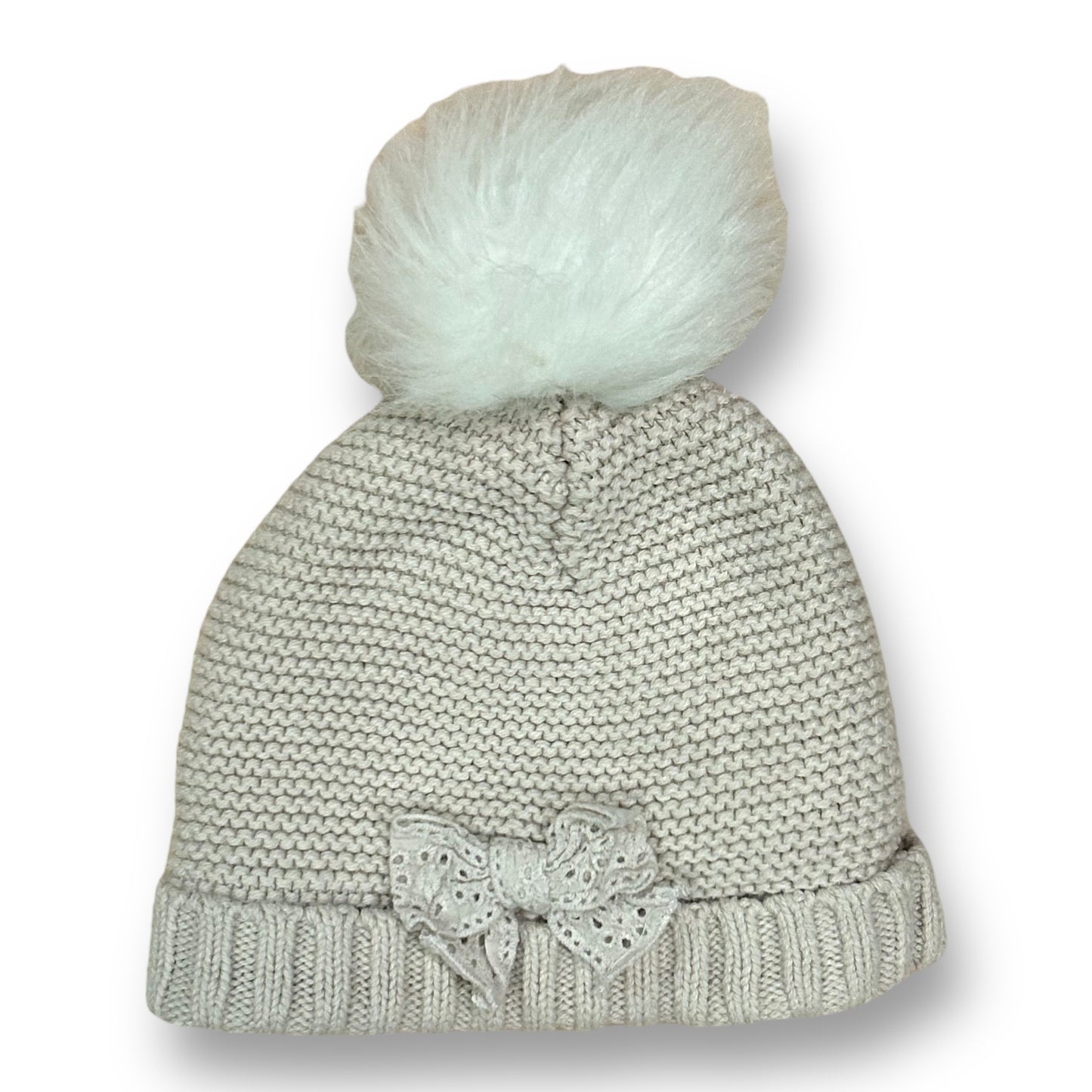 Baby Girls Winter Pom Beanie Size 3-6 Months Beige Knit Hat with Bow Accent