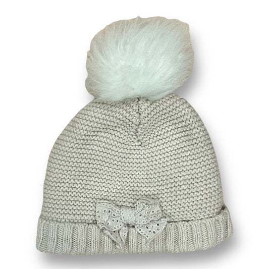 Baby Girls Winter Pom Beanie Size 3-6 Months Beige Knit Hat with Bow Accent