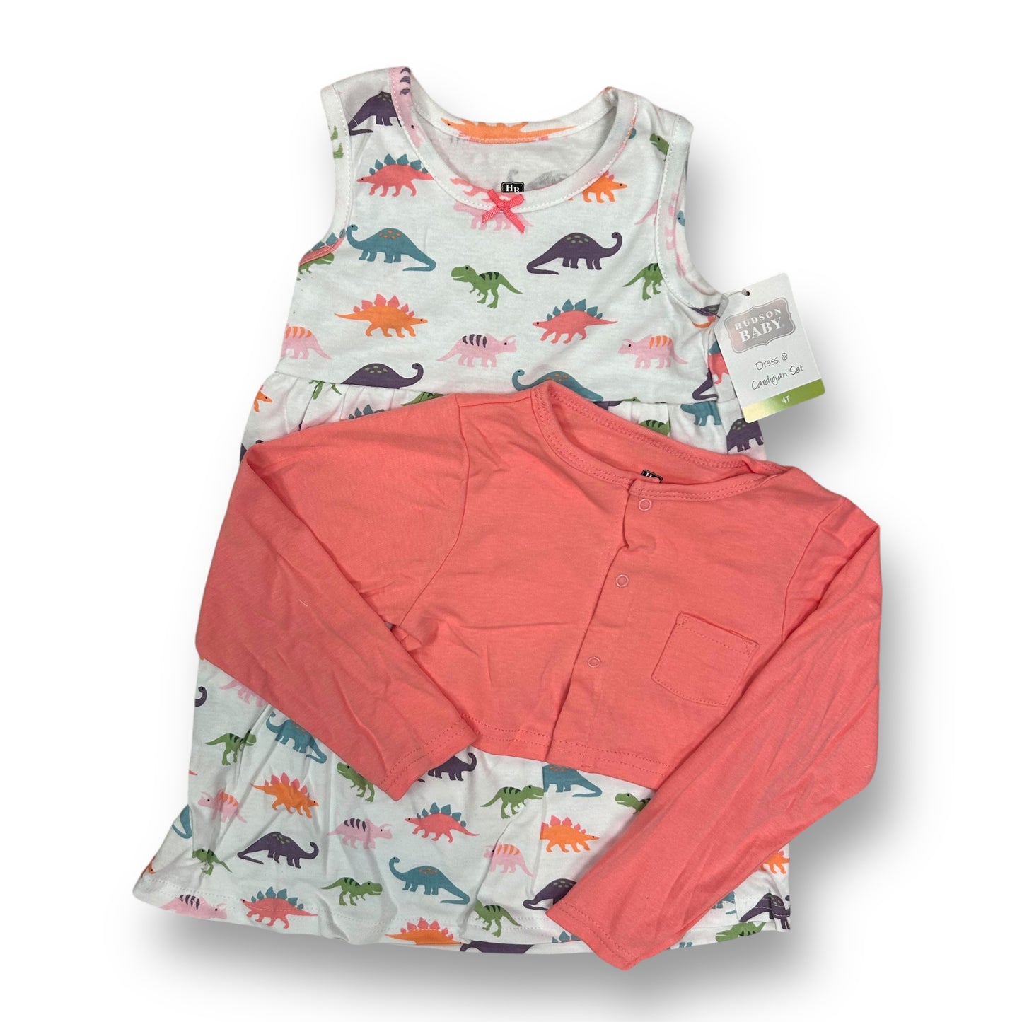 NEW! Hudson Girls 2-Piece Dinosaur Dress Size 4T with Matching Pink Cardigan