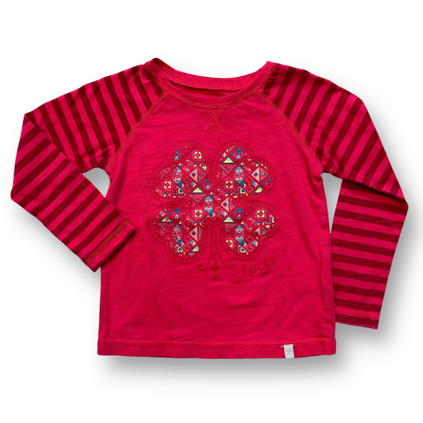 Lucky Brand Girls Size 3T Pink Embroidered Shamrock Striped Long Sleeve Shirt